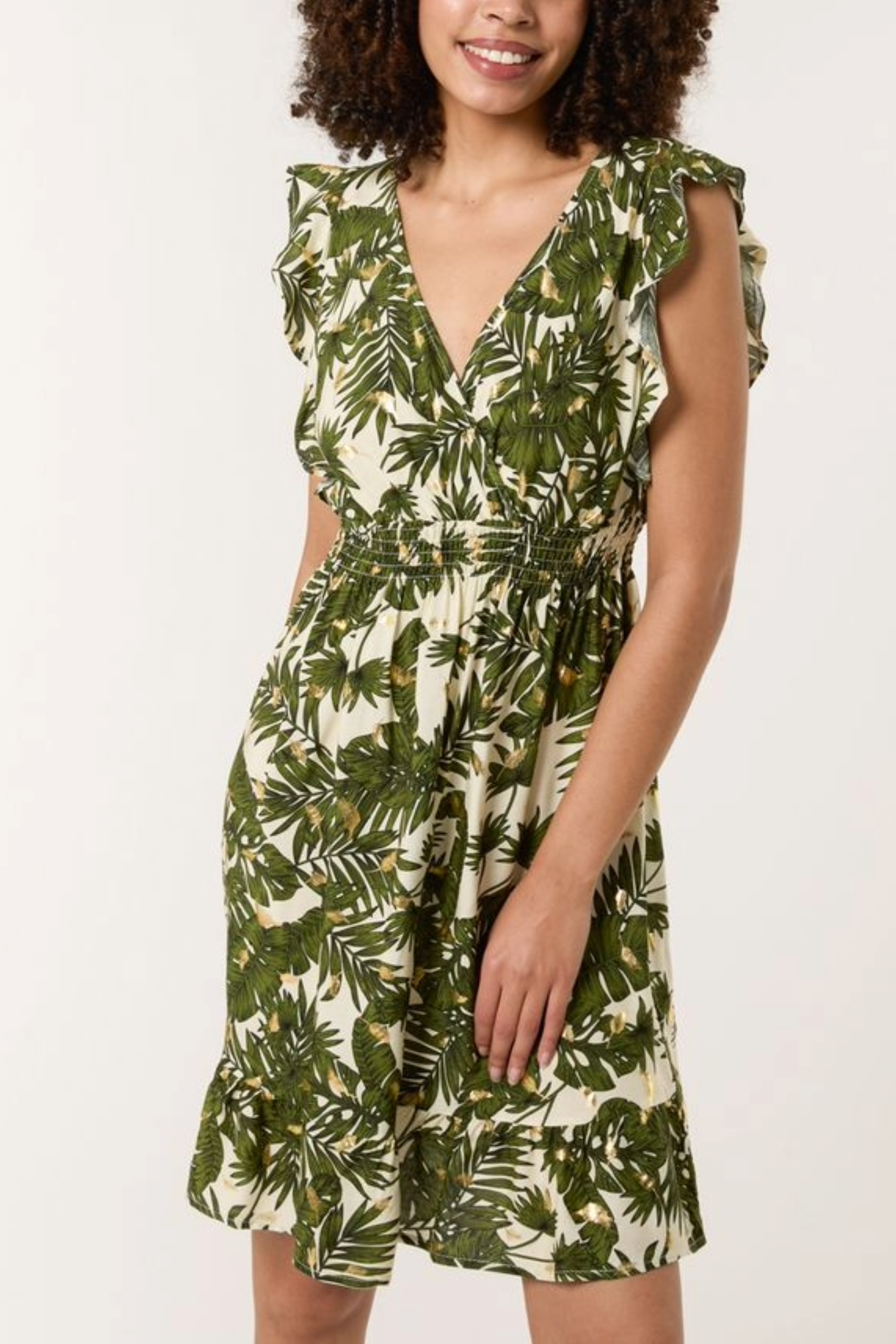 Tropical Leaf & Gold Detail Ruffle Mini Dress