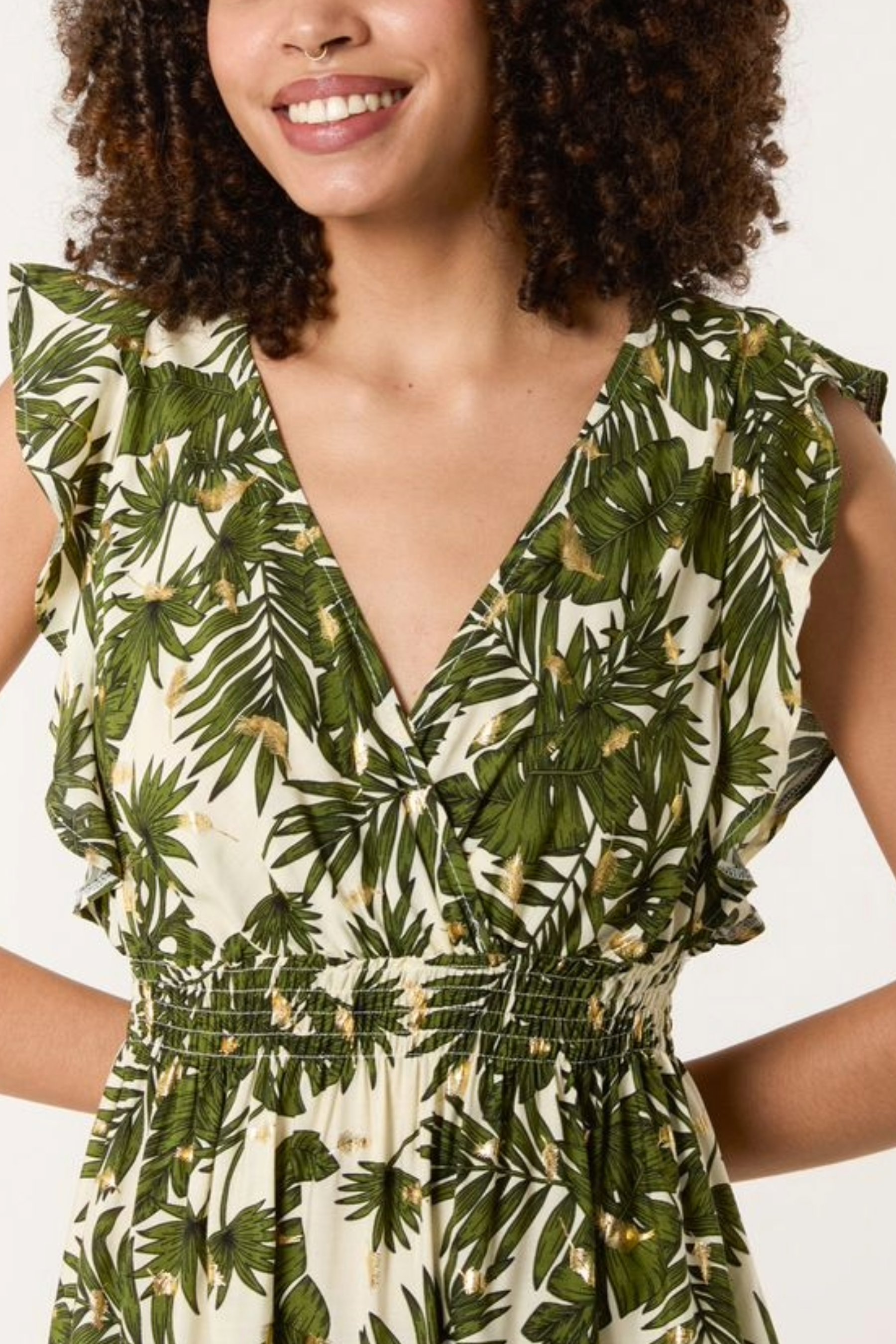 Tropical Leaf & Gold Detail Ruffle Mini Dress