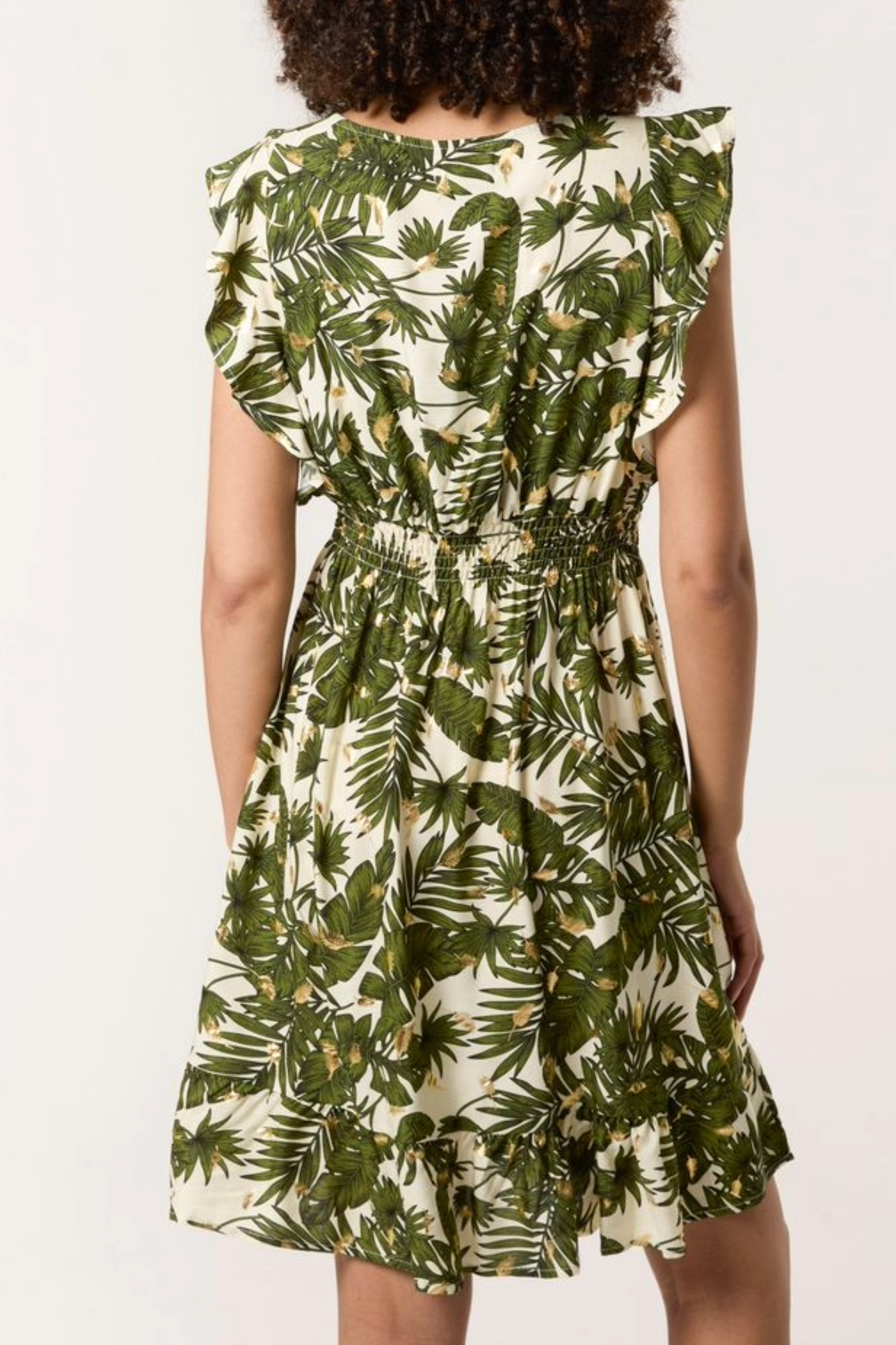 Tropical Leaf & Gold Detail Ruffle Mini Dress