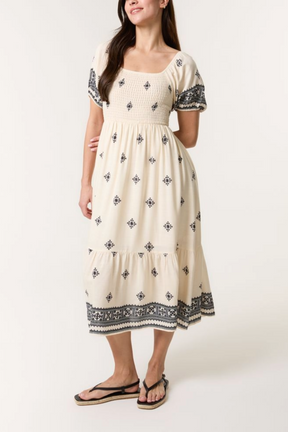 Shirred Bust Border Print Midi Dress