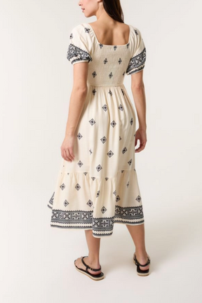 Shirred Bust Border Print Midi Dress