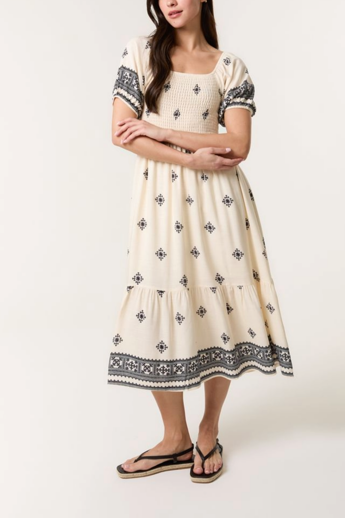 Shirred Bust Border Print Midi Dress