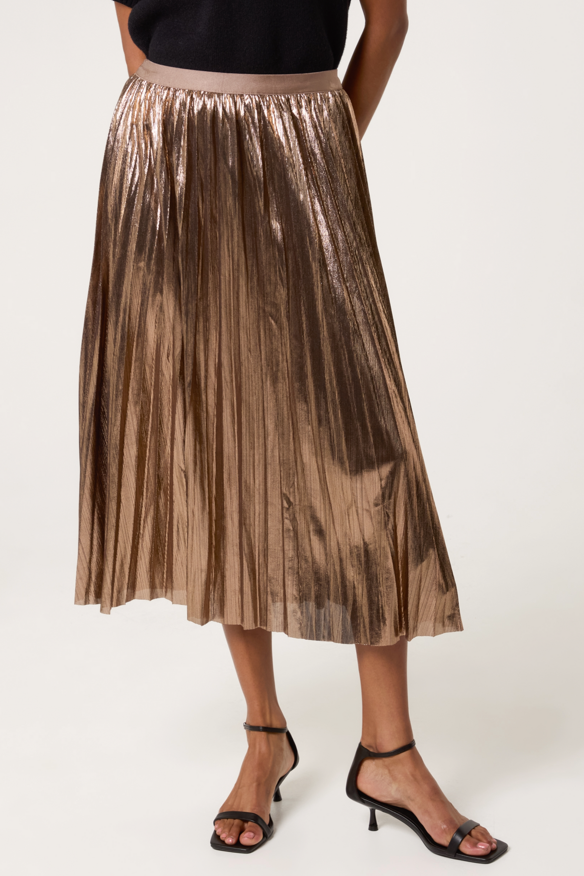 Metallic Pleated Midi Skirt