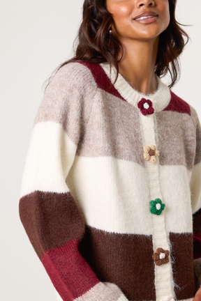 Striped Flower Button Knit Cardigan