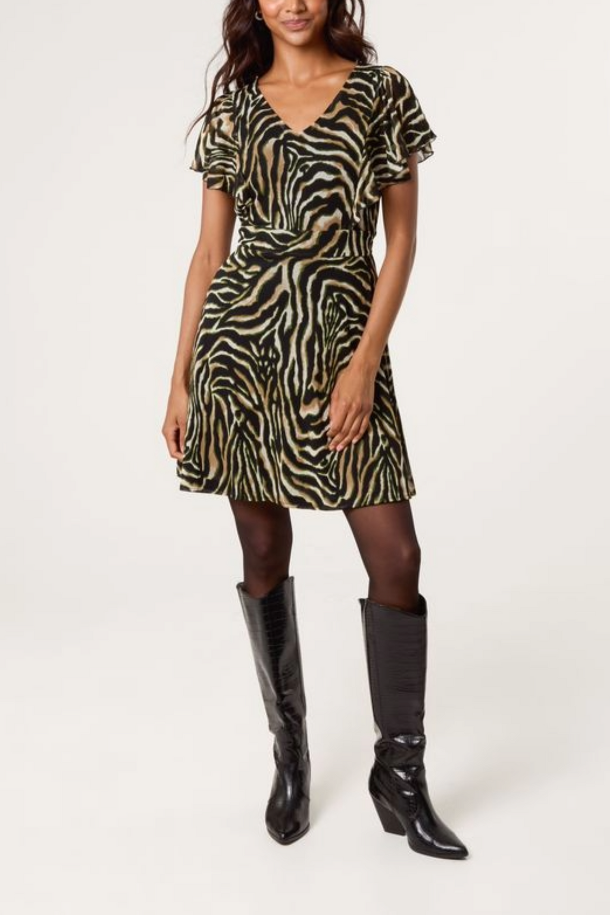 Zebra Print Flutter Sleeve Mini Dress
