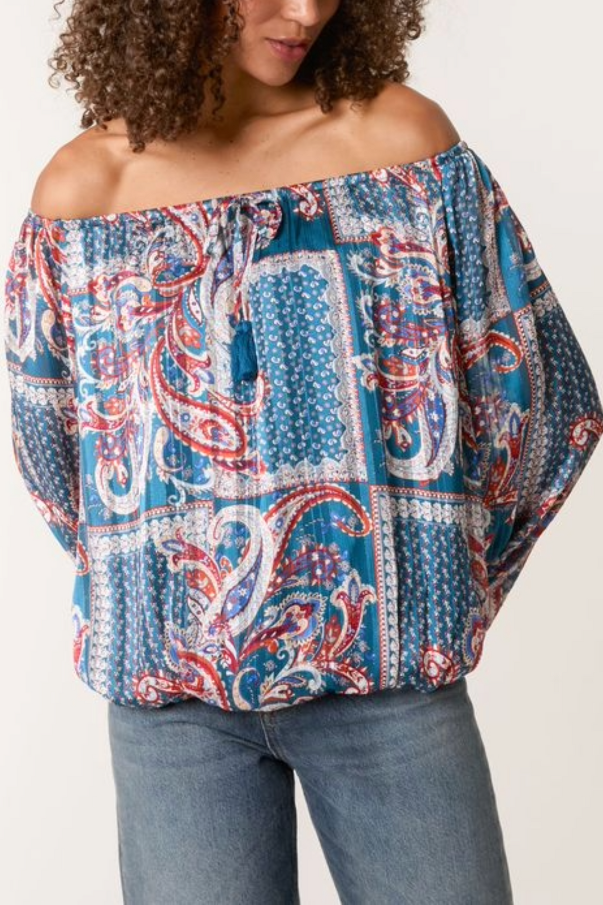 Paisley Print Bardot Puffball Blouse