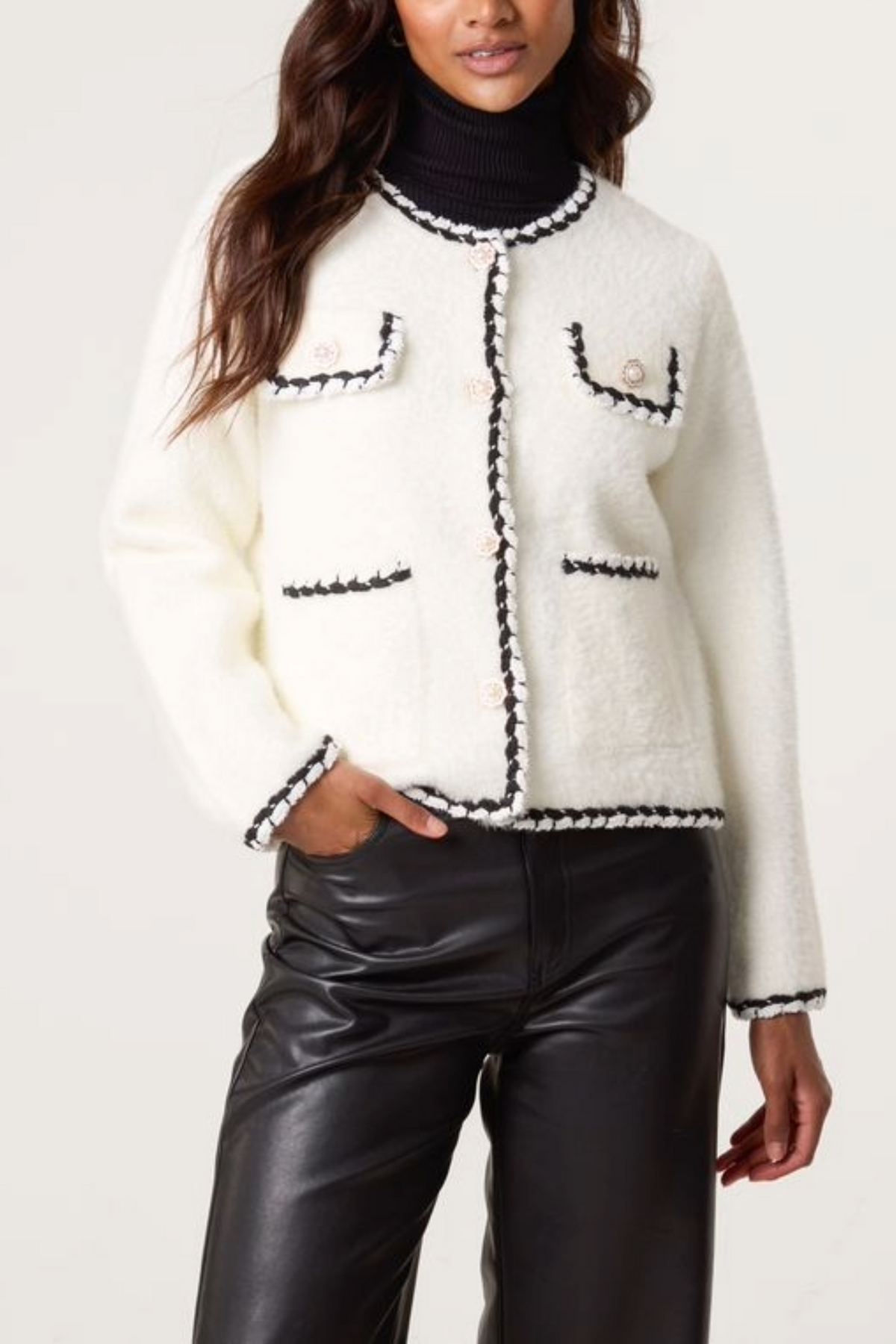 Pearl Button Contrast Trim Knit Cardigan