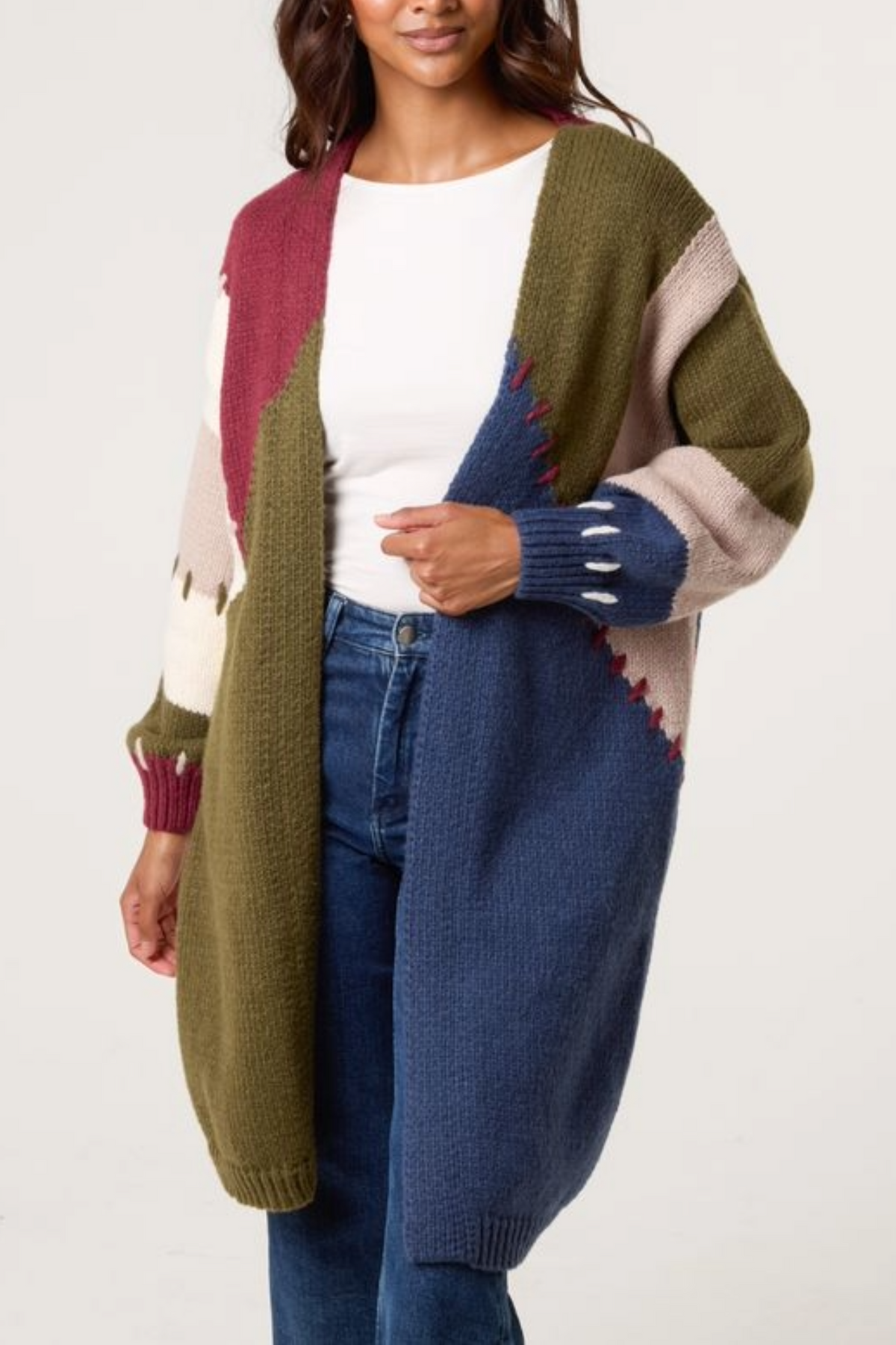 Stitch Hem Knit Colourblock Cardigan