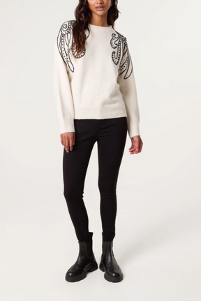 Embroidered Spiral Shoulders Knit Jumper
