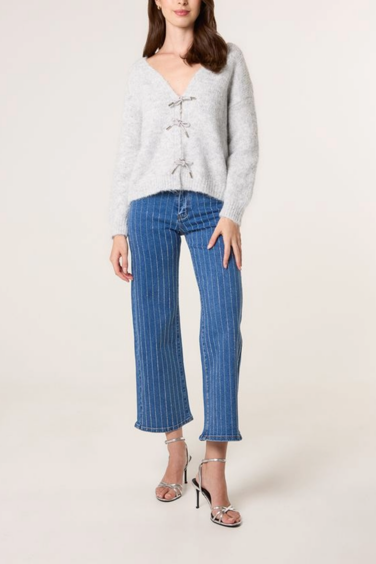 Diamante Bow V-Neck Knit Jumper