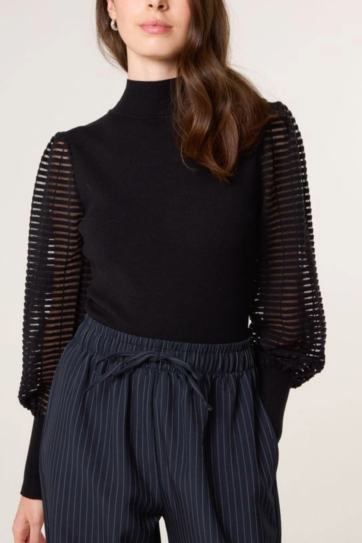 Mesh Sleeve High Neck Knit Top