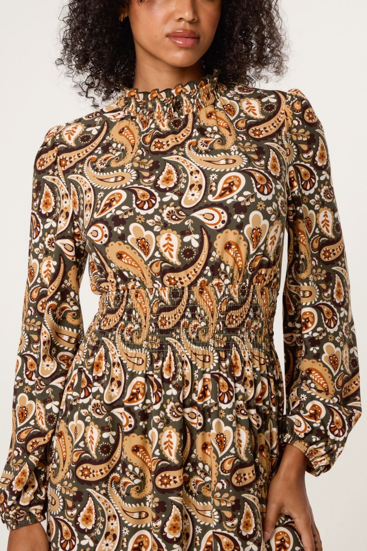 Shirred High Neck Paisley Stretch Dress