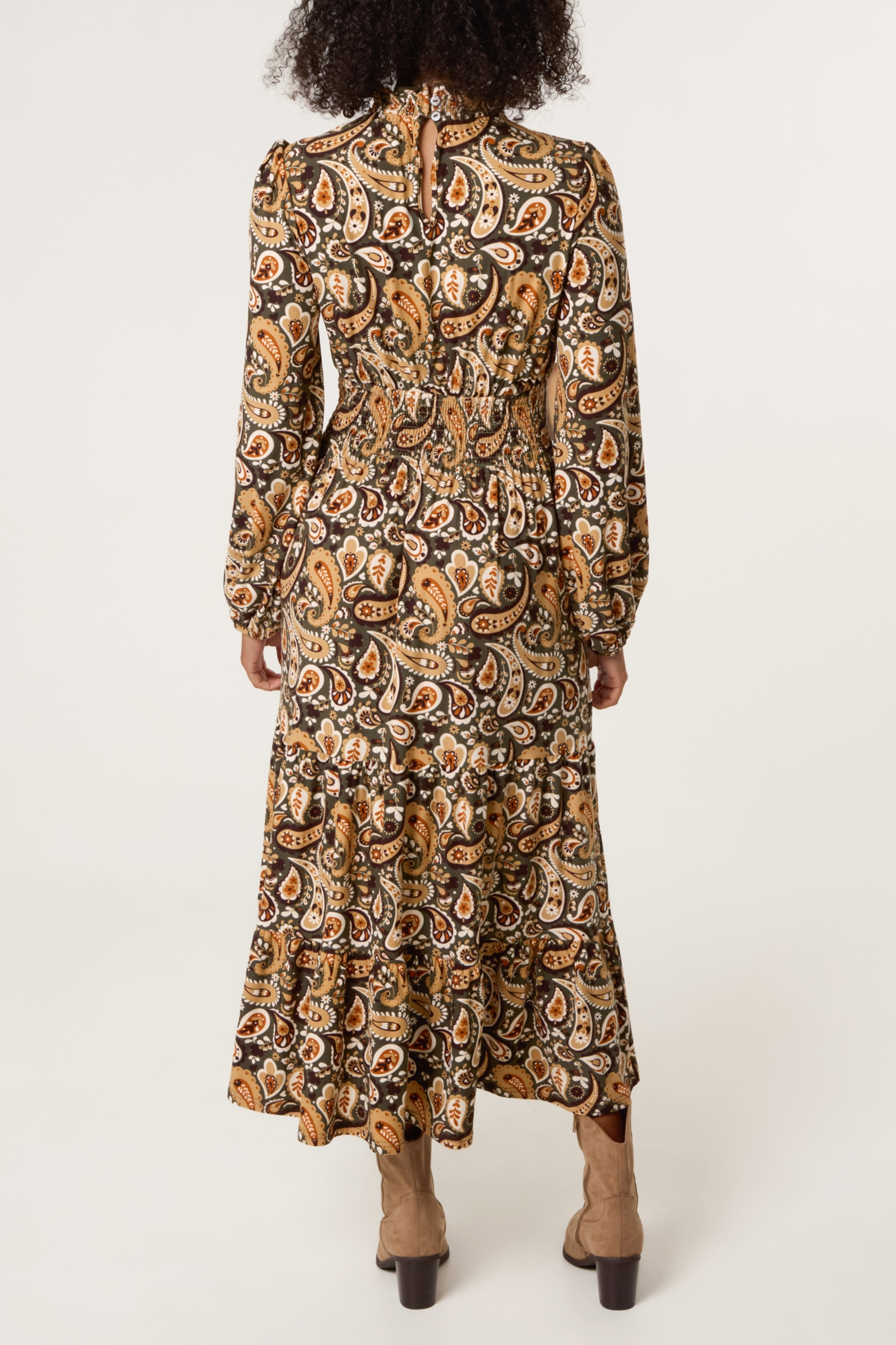Shirred High Neck Paisley Stretch Dress