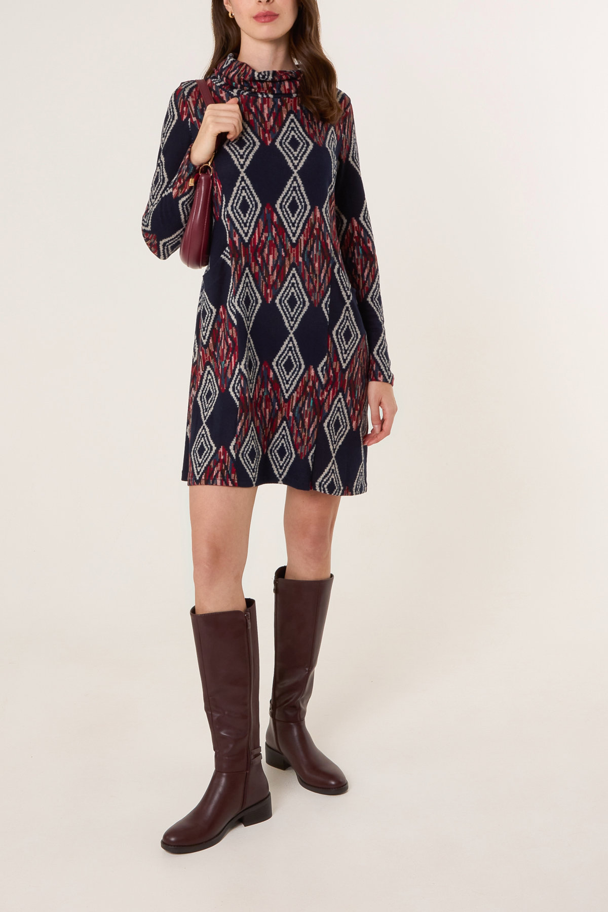 Draped Cowl Neck Aztec Knit Dress