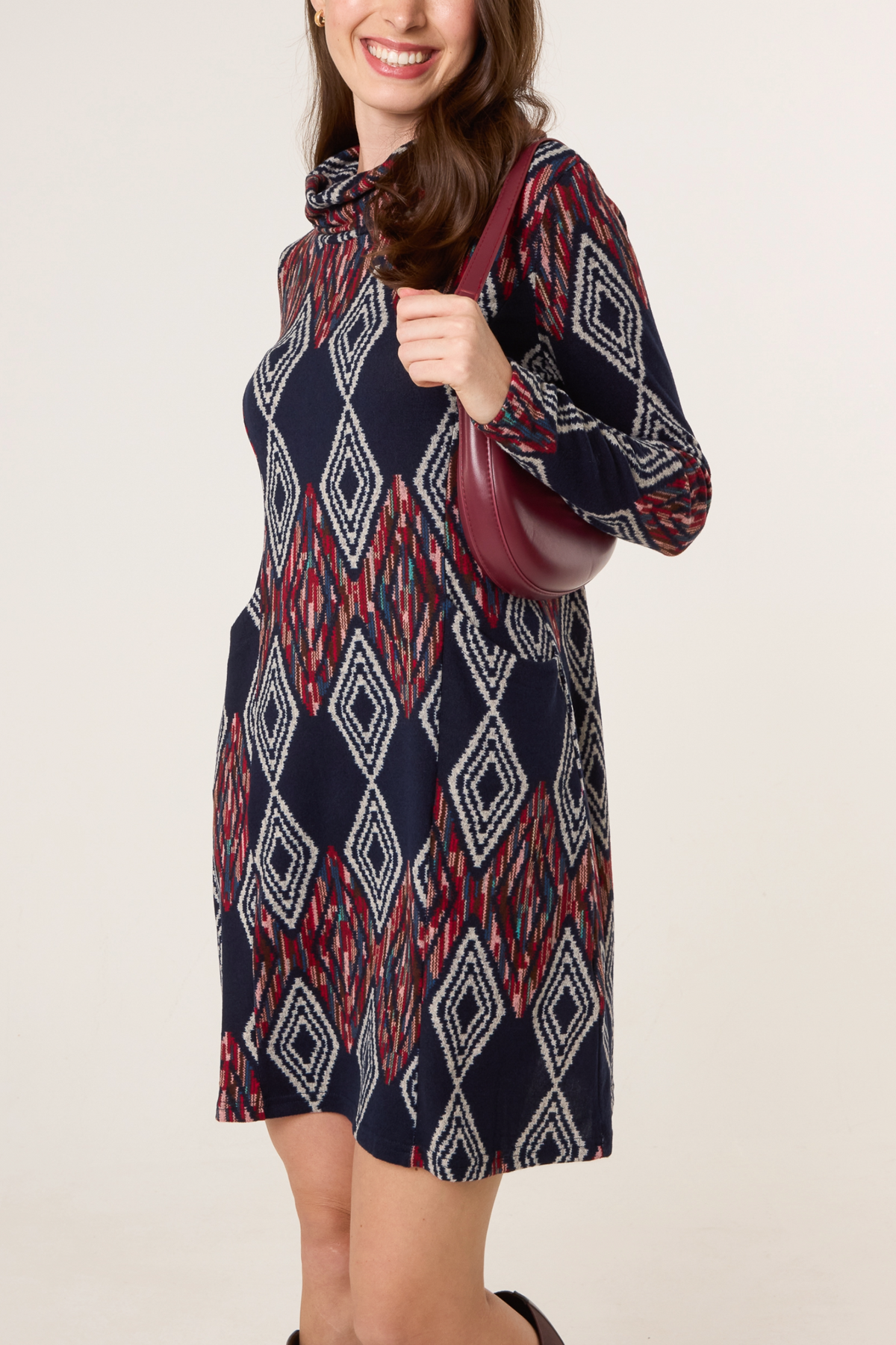 Draped Cowl Neck Aztec Knit Dress