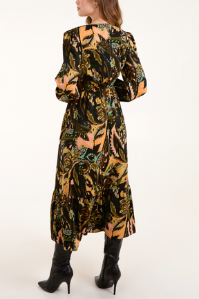 Abstract Leaf Print V-Neck Dress