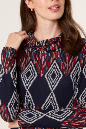 Draped Cowl Neck Aztec Knit Dress
