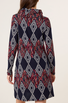 Draped Cowl Neck Aztec Knit Dress