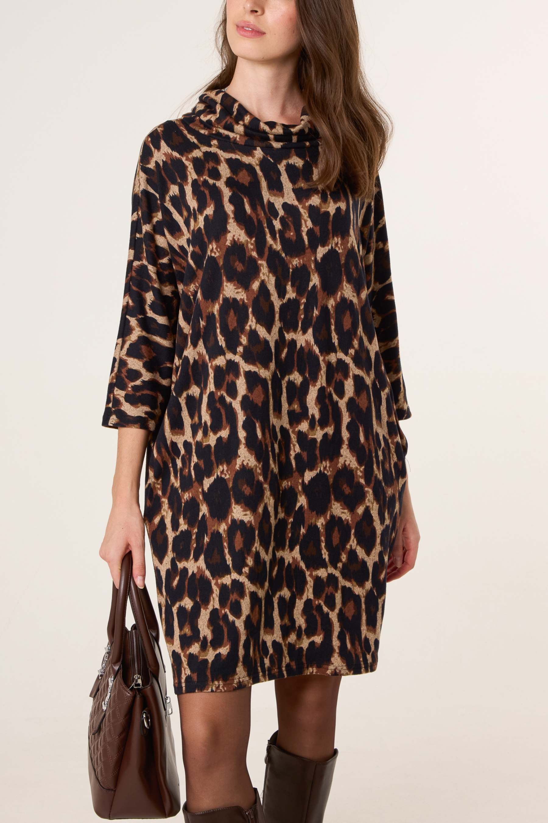 Draped Cowl Neck Leopard Knit Dress