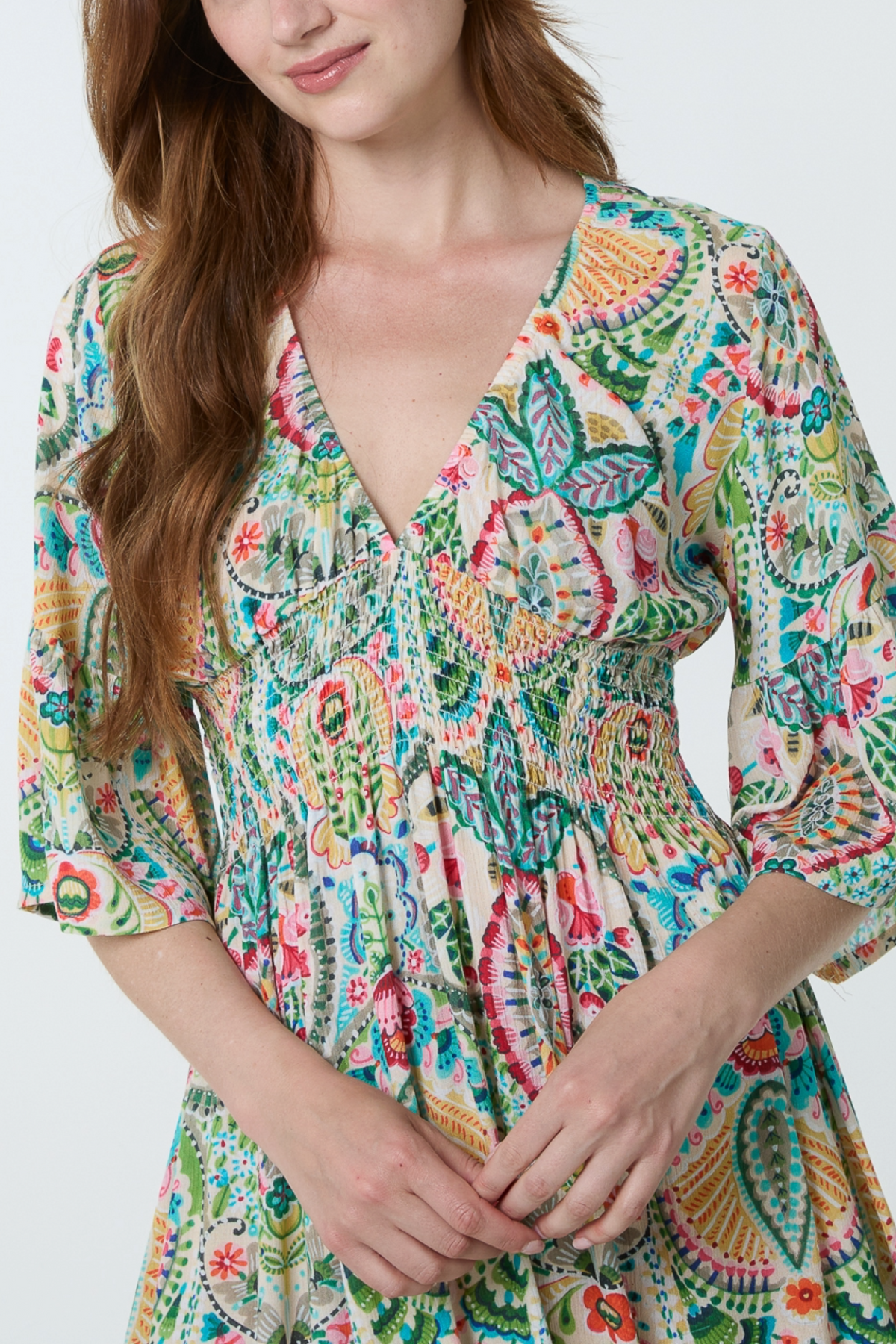 Mix Bold Floral V-Neck Shirred Dress