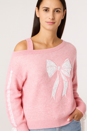 Embroidered & Lace Bow One Shoulder Jumper