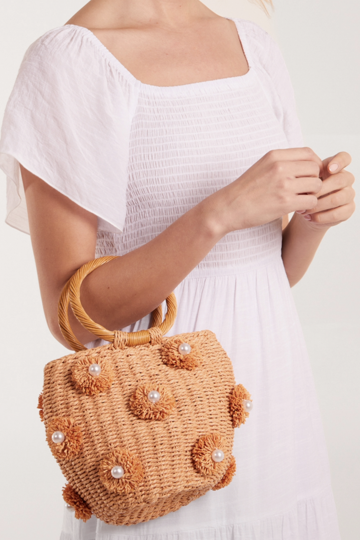 Pearl Pompom Mini Woven Handbag