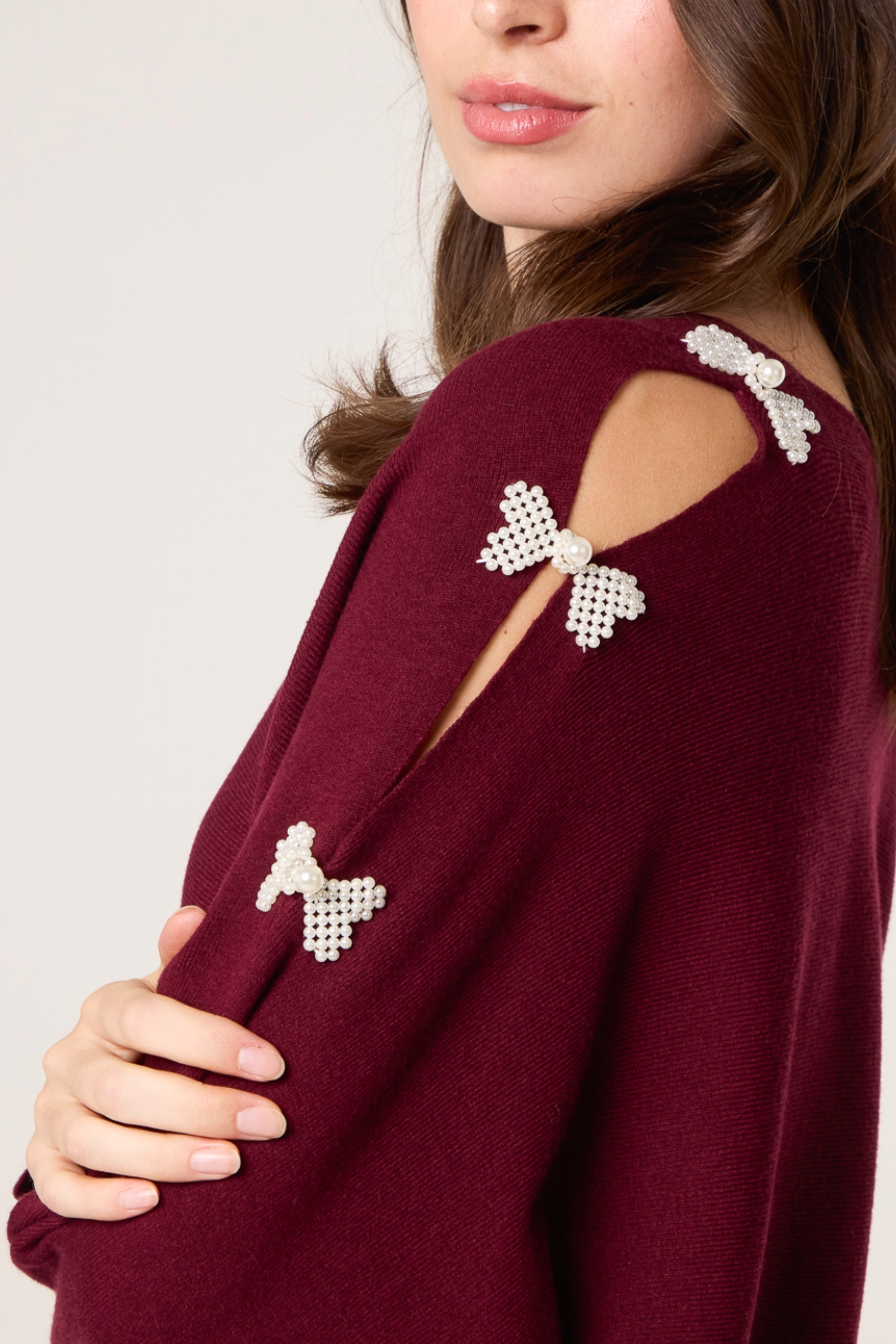 Pearl Bow Cut Out Sleeve Jumper