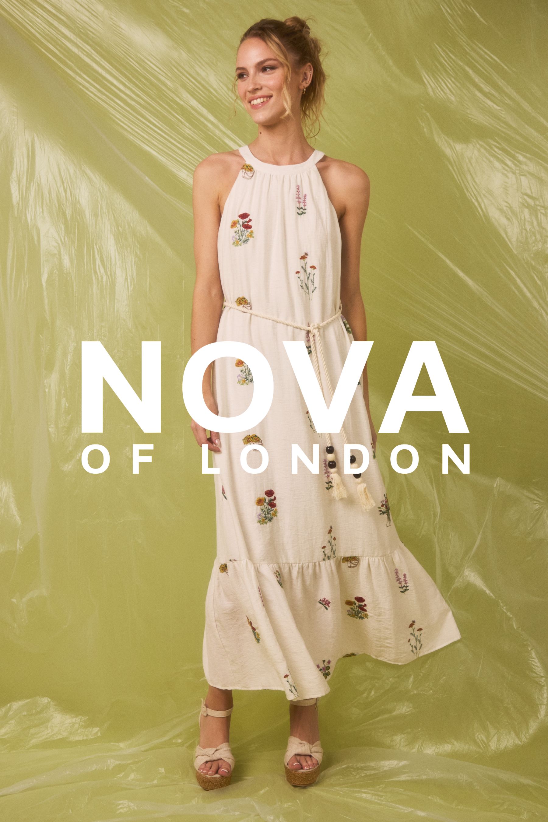 Floral Embroidery Halter Neck Dress
