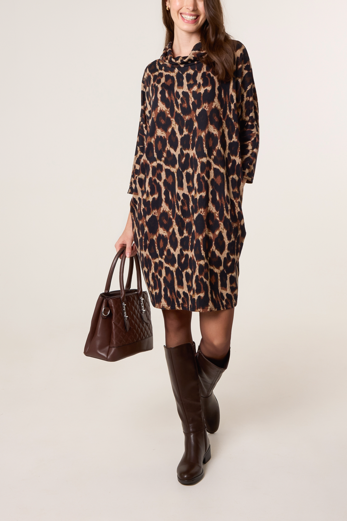 Draped Cowl Neck Leopard Knit Dress