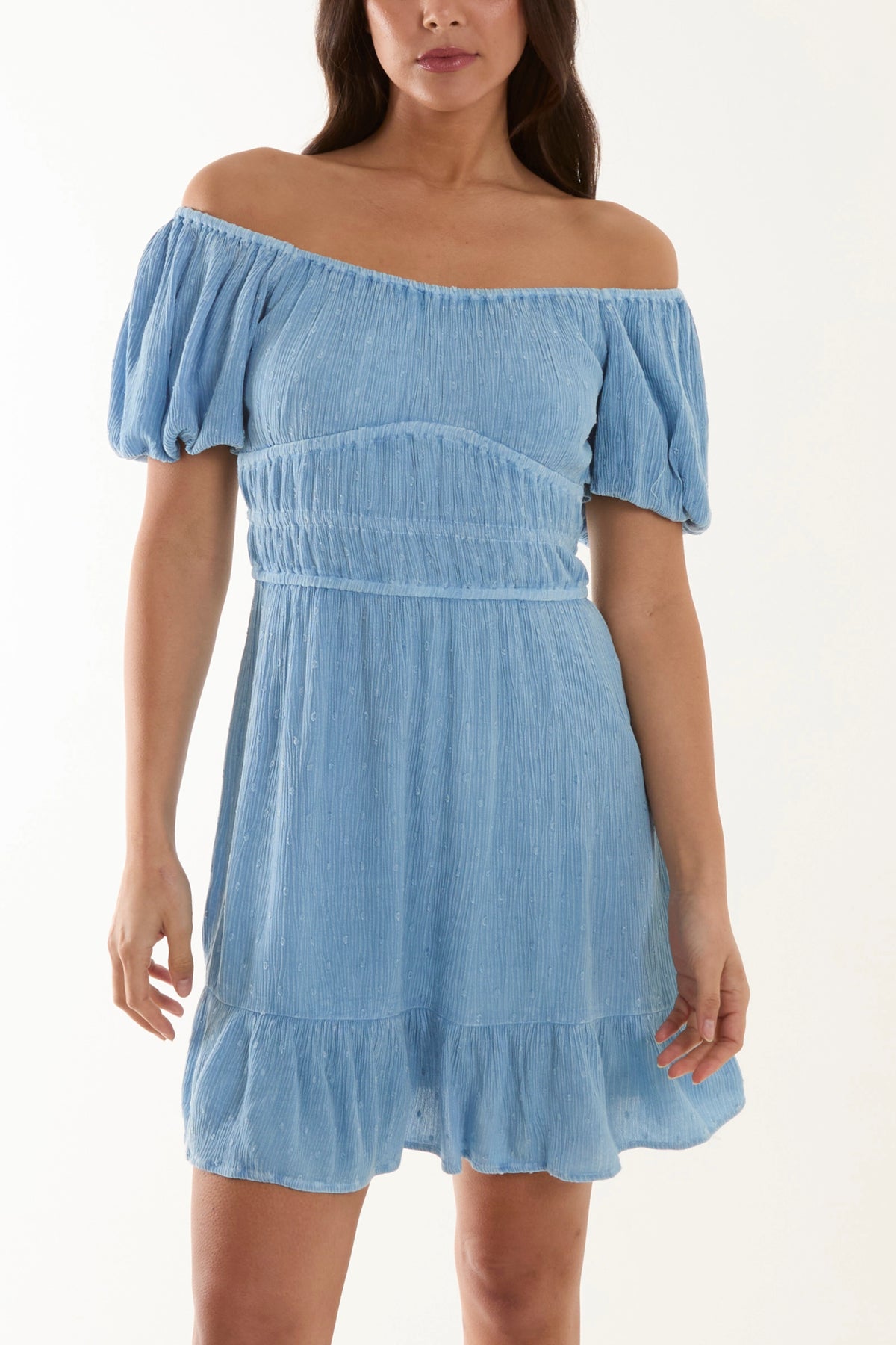 Puff Sleeve Bardot Shirred Mini Dress