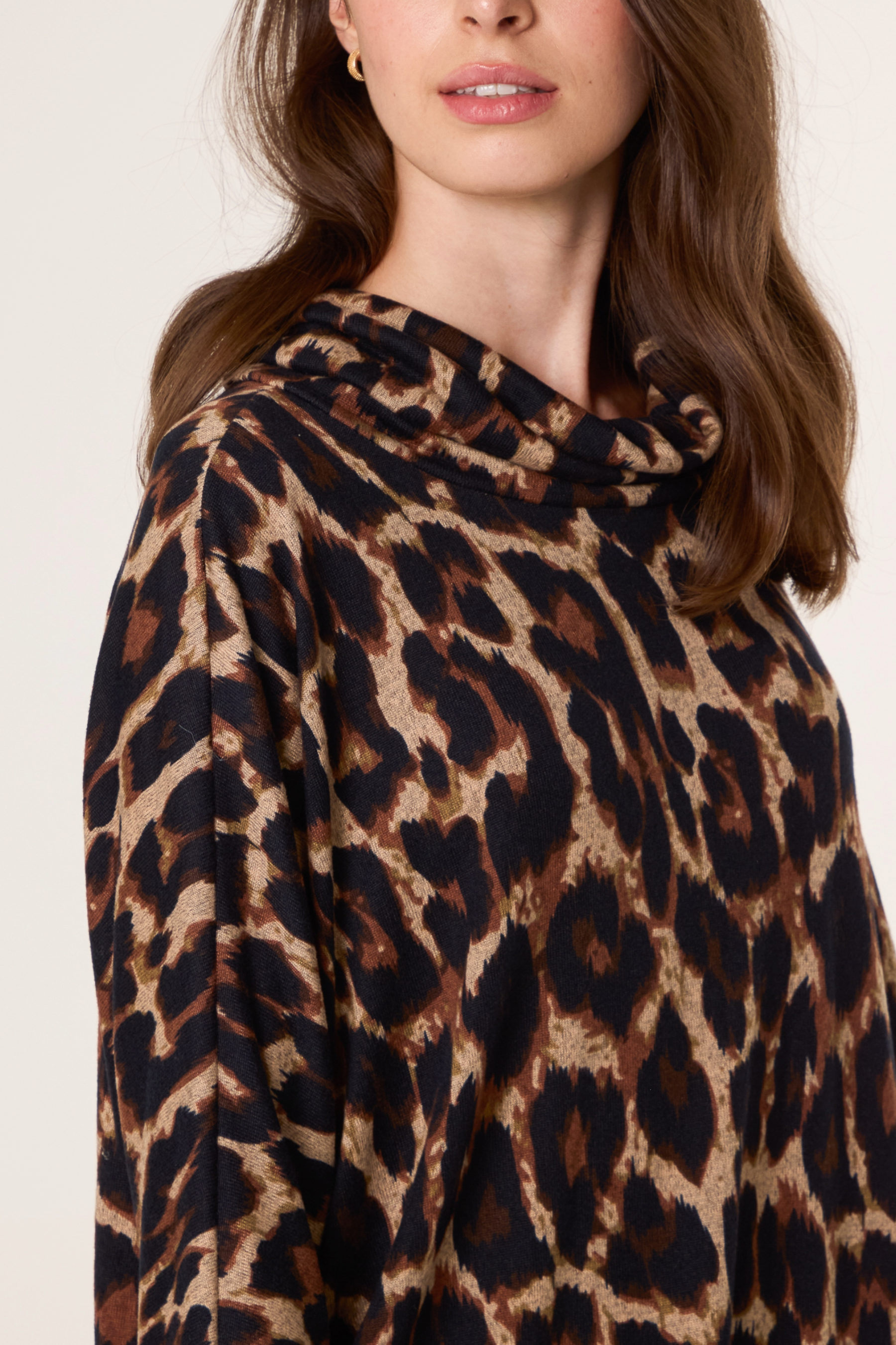 Draped Cowl Neck Leopard Knit Dress