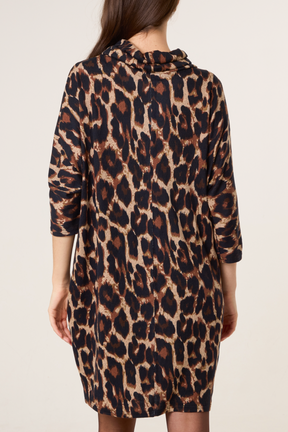 Draped Cowl Neck Leopard Knit Dress