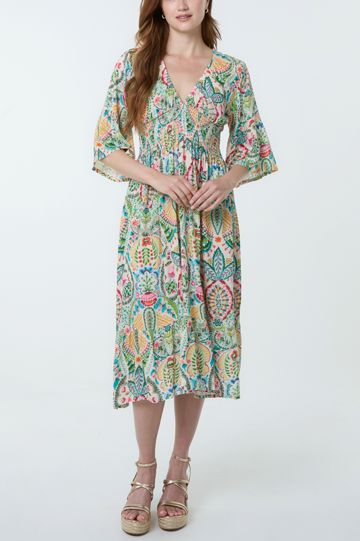 Mix Bold Floral V-Neck Shirred Dress