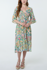 Mix Bold Floral V-Neck Shirred Dress
