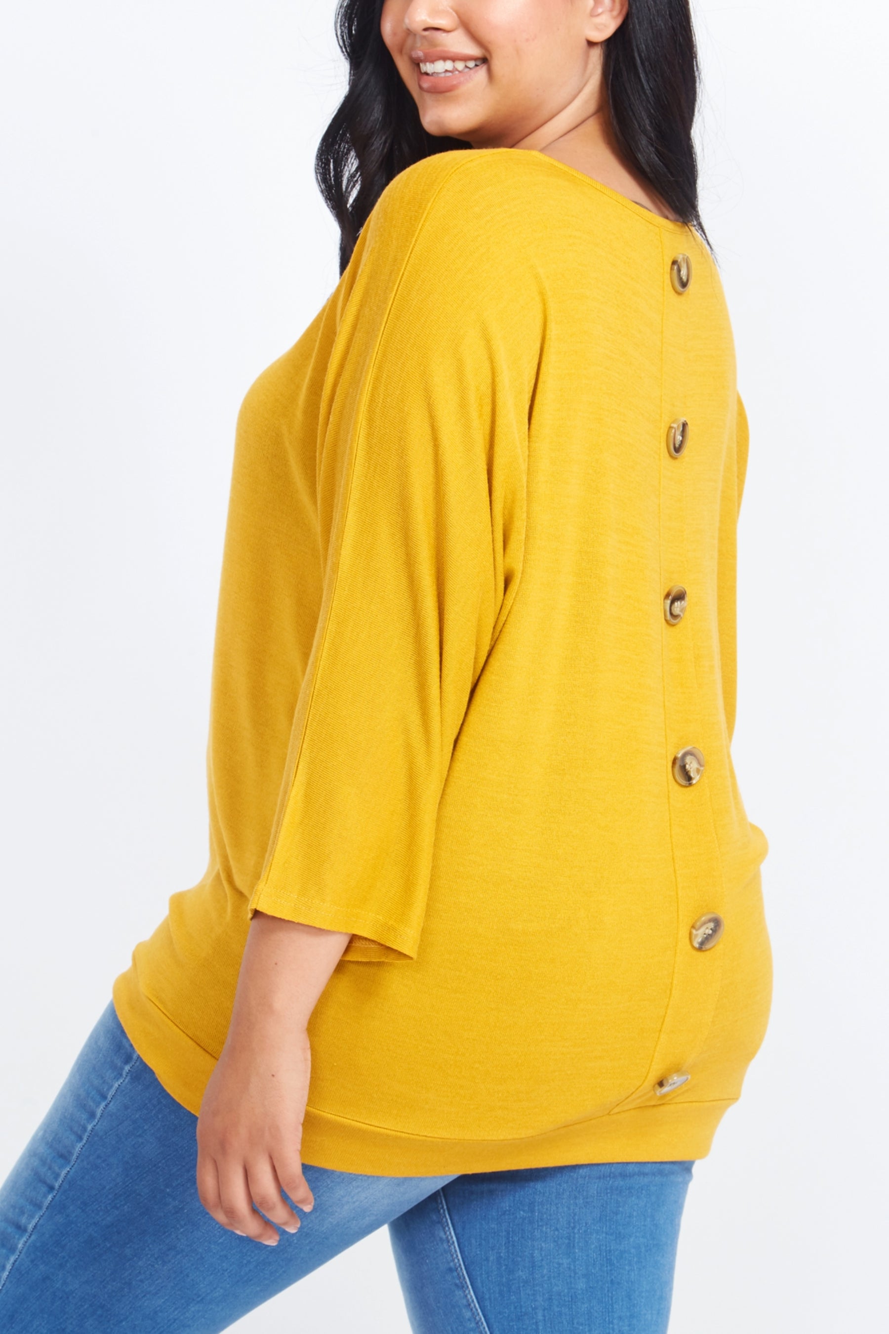 Curve Button Back Long Sleeve Top