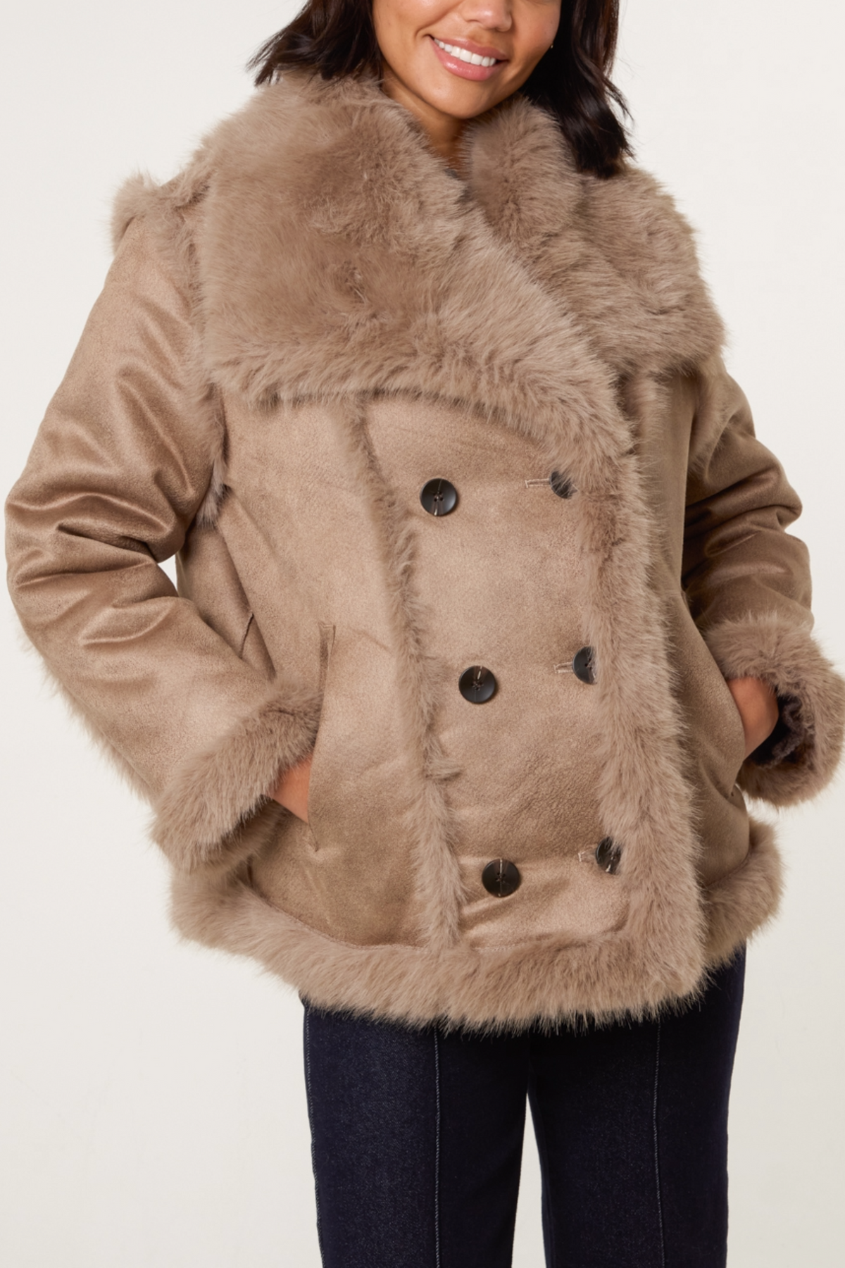 Reversible Double Button Faux Fur Coat