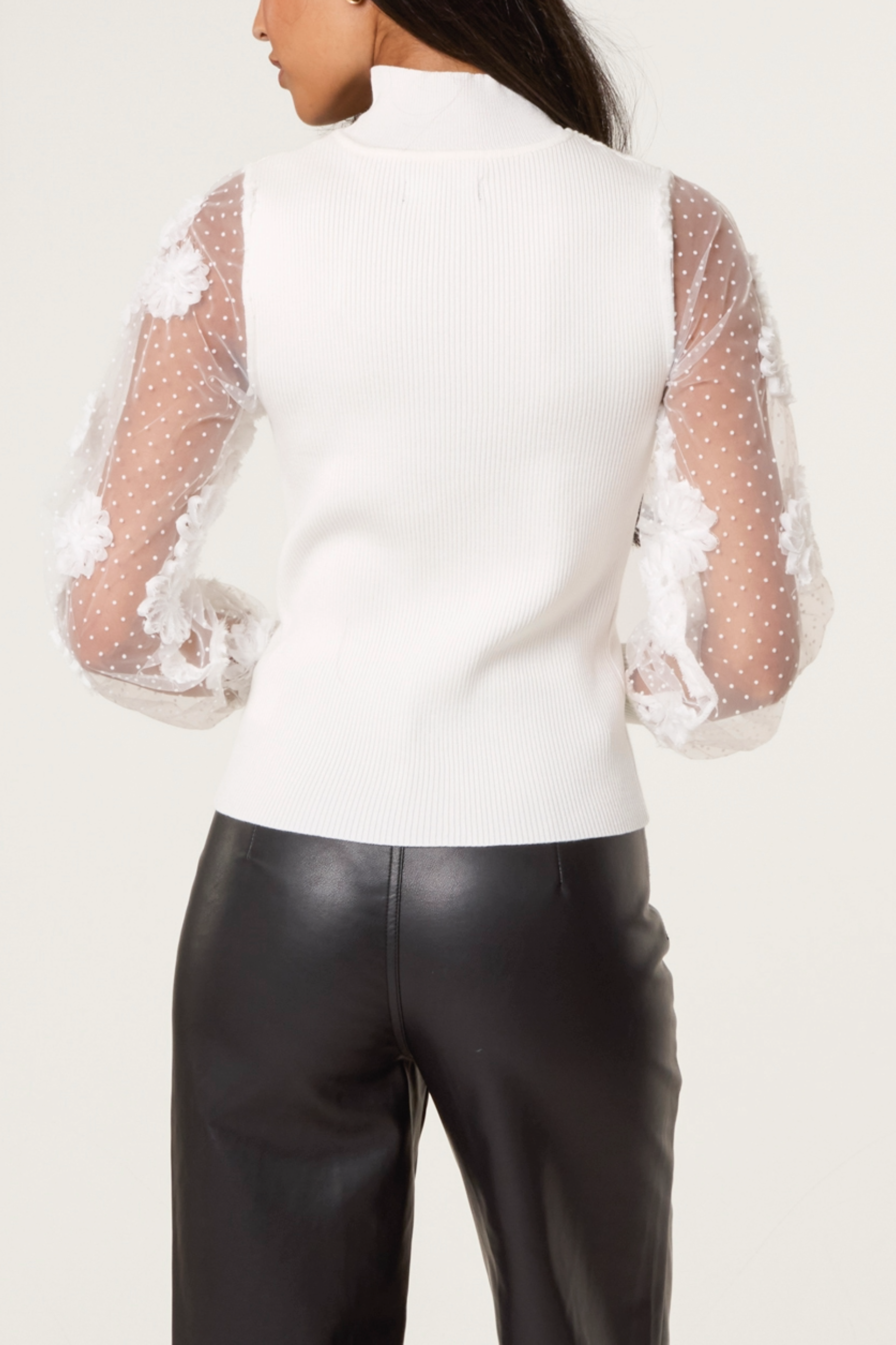 Mesh Flower Sleeve Turtle Neck Jumper