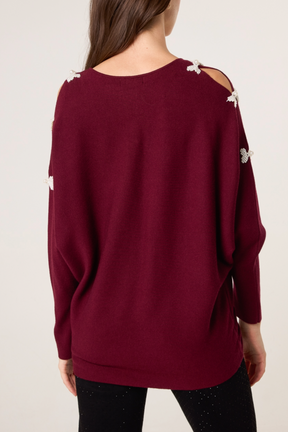 Pearl Bow Cut Out Sleeve Jumper
