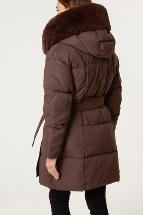 Mid-Length Puffer Fur Hood Coat