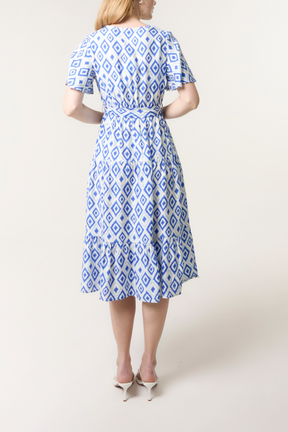 Diamond Print Belt & Button Midi Dress