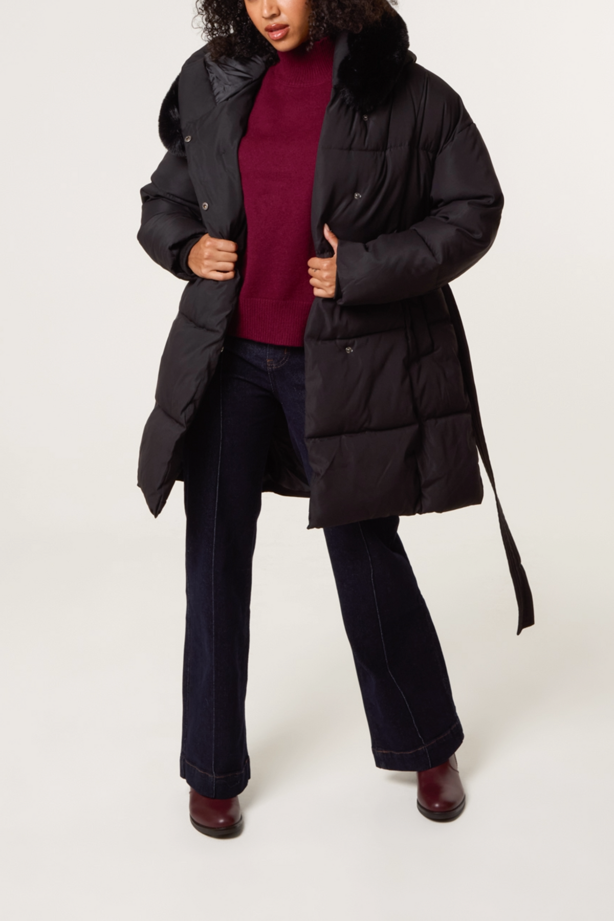 Mid-Length Puffer Fur Hood Coat