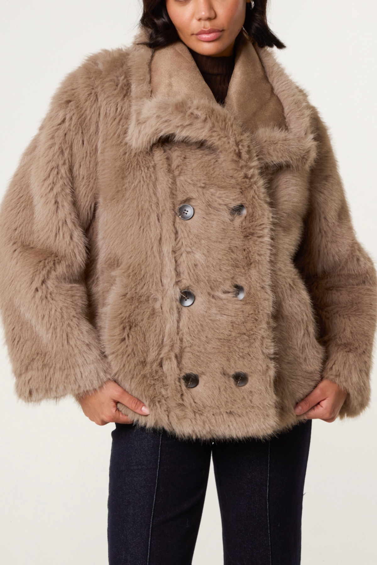 Reversible Double Button Faux Fur Coat