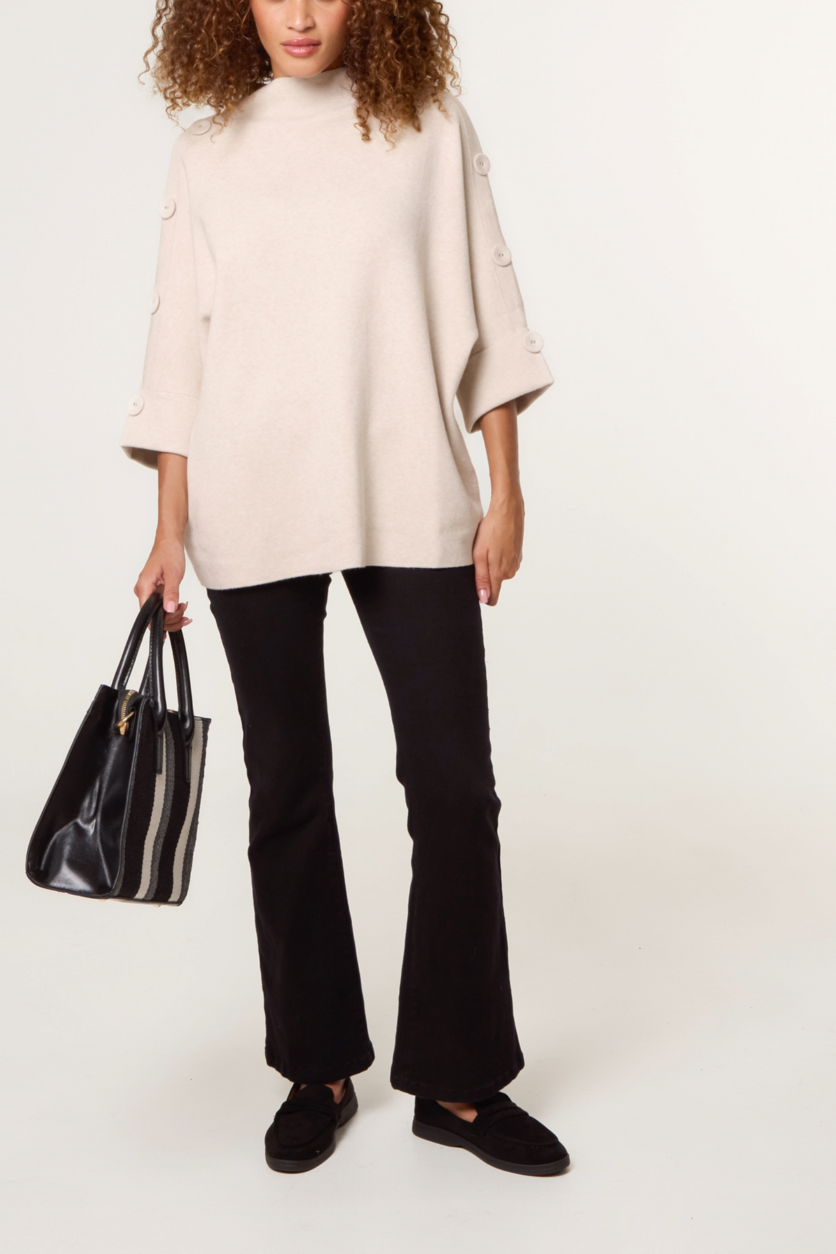 High Neck Fabric Button Sleeves Jumper