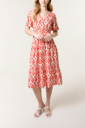 Diamond Print Belt & Button Midi Dress