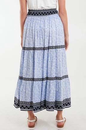 Floral Contrast Printed Tiered Maxi Skirt