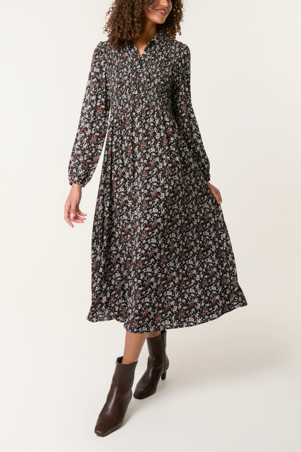 Ditsy Autumn Floral Shirred Stretch Button Dress