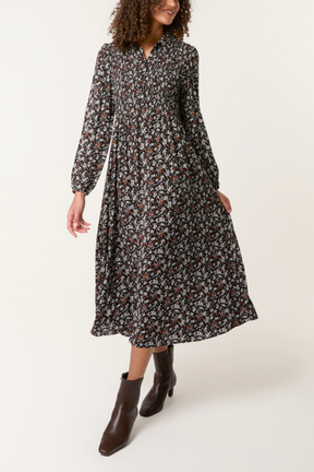 Ditsy Autumn Floral Shirred Stretch Button Dress