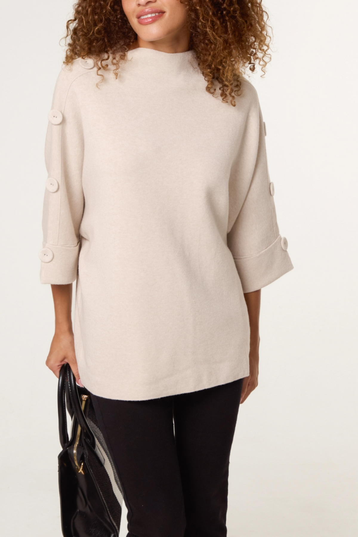 High Neck Fabric Button Sleeves Jumper