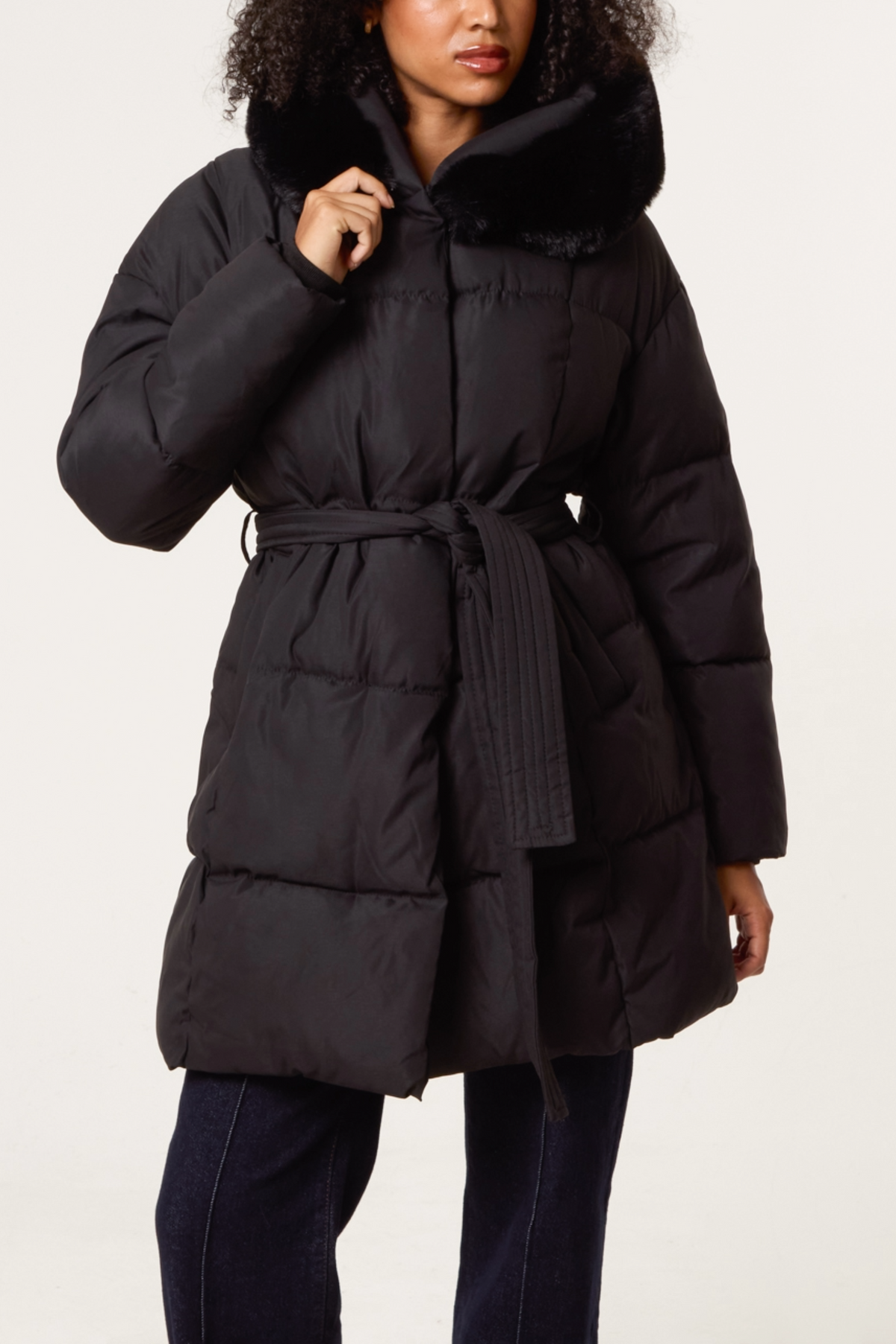 Mid-Length Puffer Fur Hood Coat