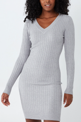 Grey Cable Knit V-Neck Midi Dress